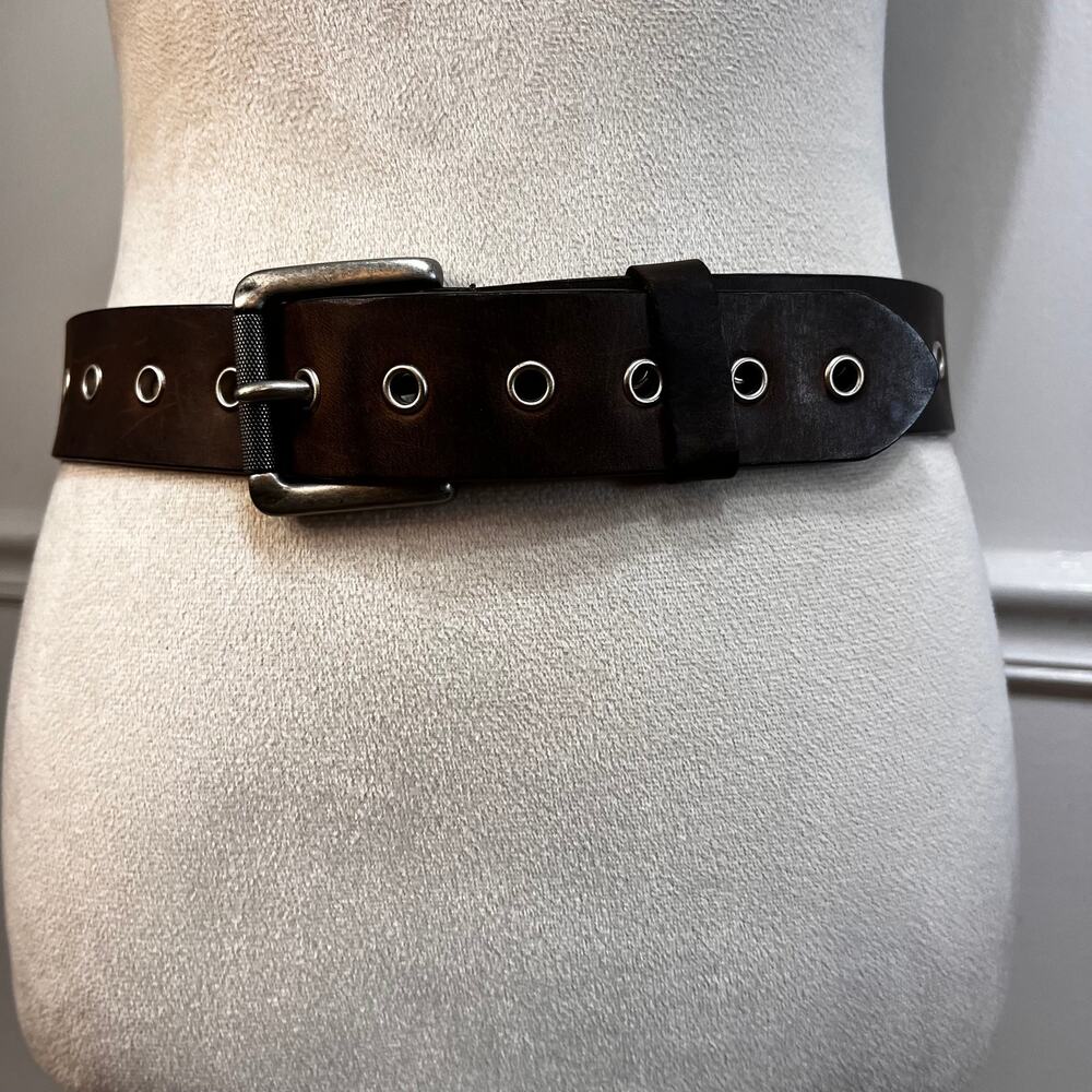 Brown Genuine Leather Grommet Belt Silver Buckle Size 30 Y2K Grunge